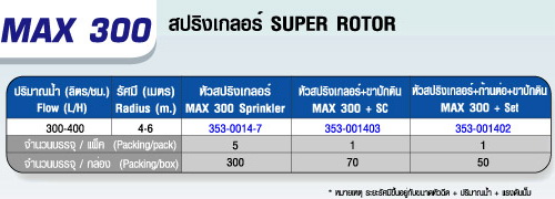 ตารางMAX 300 หัวมินิสปริงเกลอร์พร้อมด้วยขาปักดิน และก้านต่อ